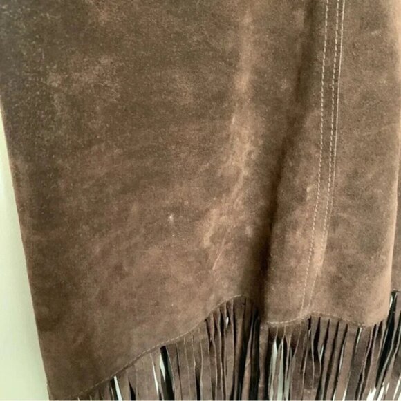 Vintage Mister Leather Chocolate Brown Suede Leather Fringe Midi Skirt - Picture 12 of 16